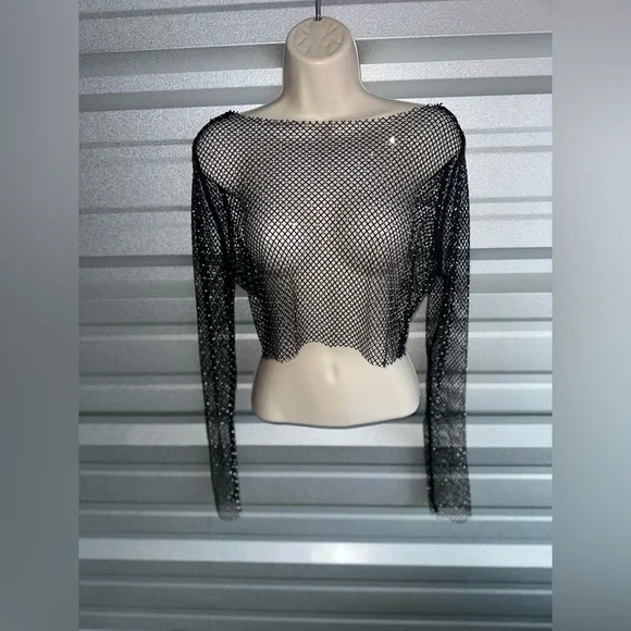 Mesh Black Sequin Long Sleeve Festival Top One Size - Picture 2 of 11